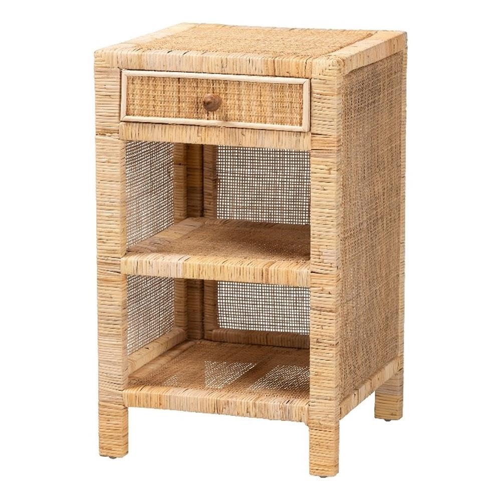 Baxton Studio Bella Modern Bohemian Natural Brown Mahogany Wood And Natural Rattan 1-Drawer Nightstand
